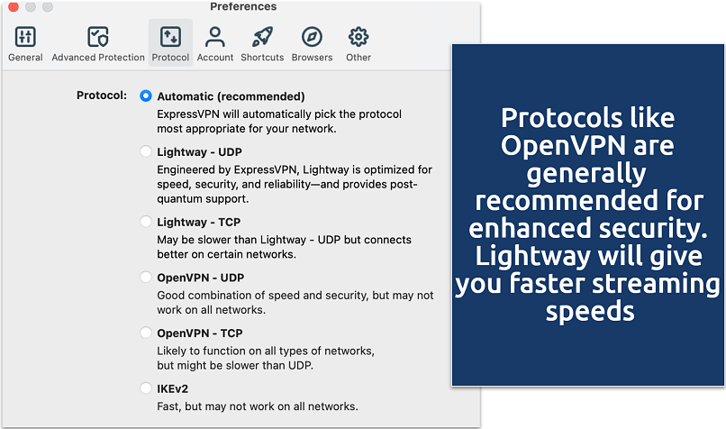 Screenshot of the ExpressVPN protocols list