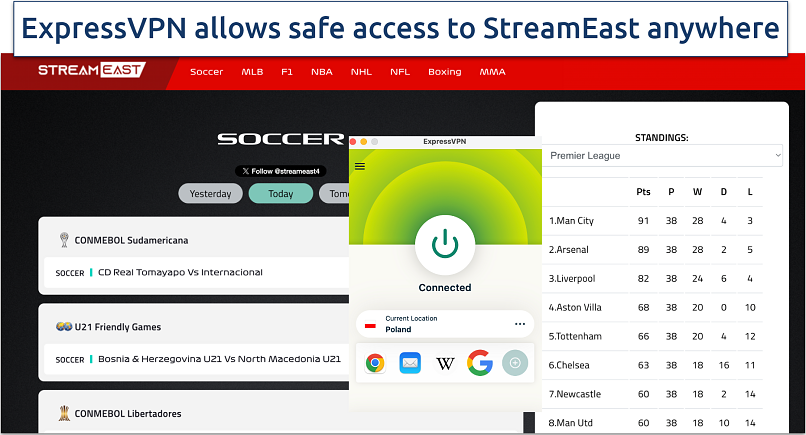 Screenshot of accessing StreamEast with ExpressVPN connected