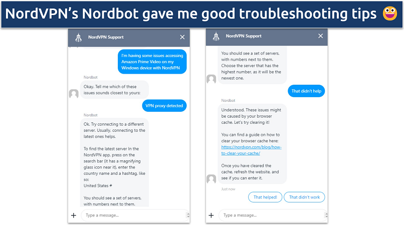 Screenshot of conversation with NordVPN's customer support chatbot