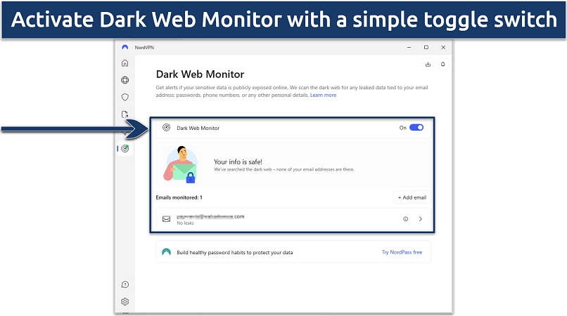 Screenshot of NordVPN's Windows app showing the Dark Web Monitor feature
