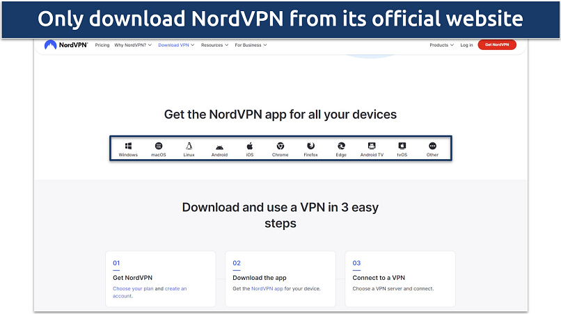 Screenshot of NordVPN's download page on the website