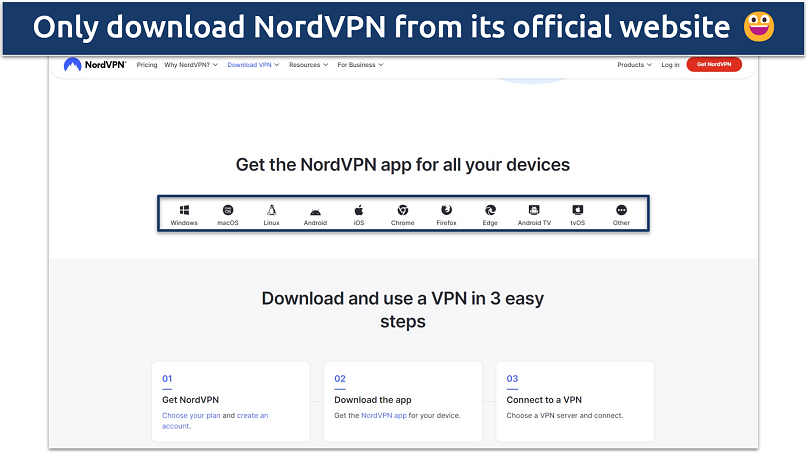 Screenshot of NordVPN's download page on the website