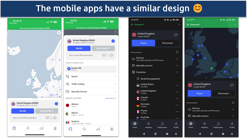 Images of NordVPN's iOS and Android apps