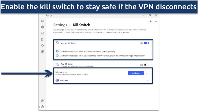 Screenshot of NordVPN's Windows app showing the kill switch