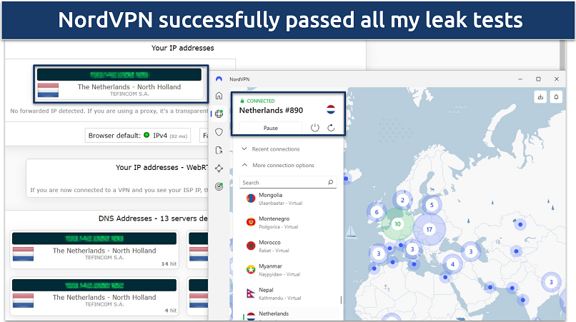 NordVPN successfully passed all my leak tests