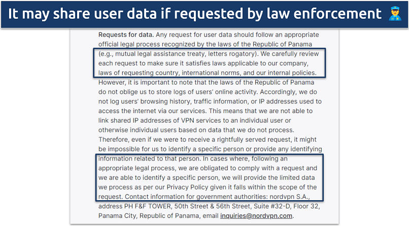 Screenshot of NordVPN's privacy policy showing it may share user data is requested