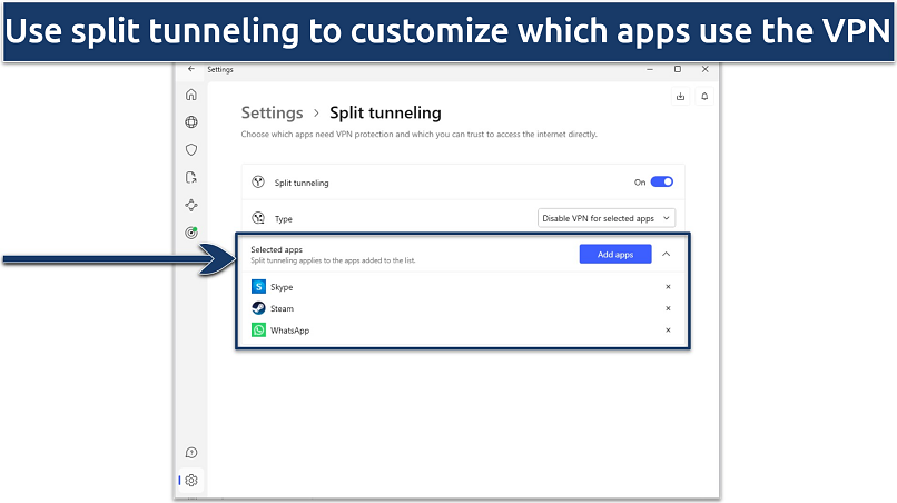 Screenshot of NordVPN's Windows app showing the split tunneling feature