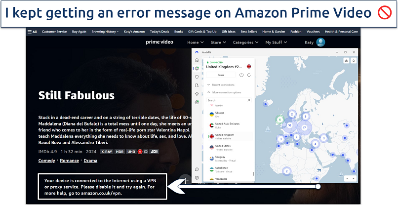 Screenshot of NordVPN resulting in an error message when trying to access Amazon Prime Video