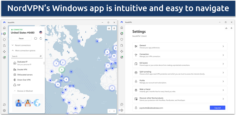 Screenshot of NordVPN's Windows app showing the app server page and the settings page