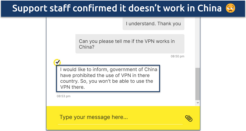Screenshot of a Norton VPN live chat where support staff told me the VPN won't work in China