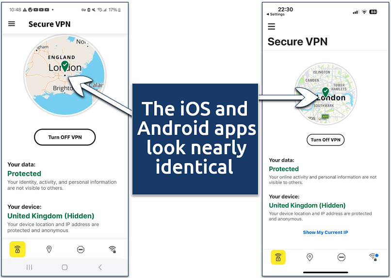Screenshot of Norton VPN's Android and iOS apps and their UIs