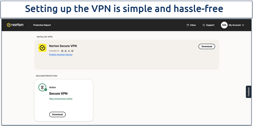 Screenshot of Norton VPN's download page from its website 
