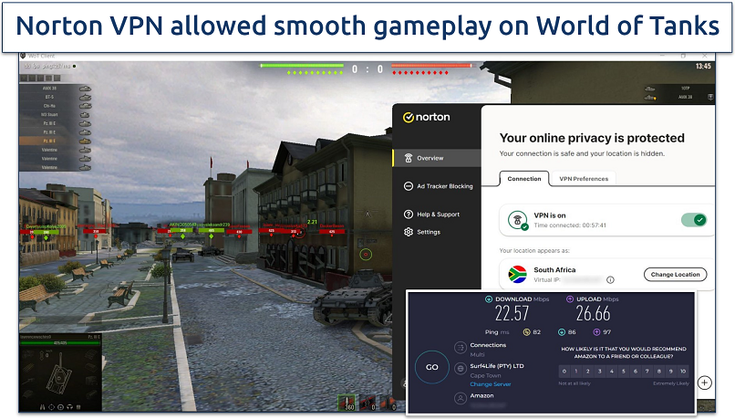 Screenshot of World of Tanks being played while connected to Norton VPN's South African server 