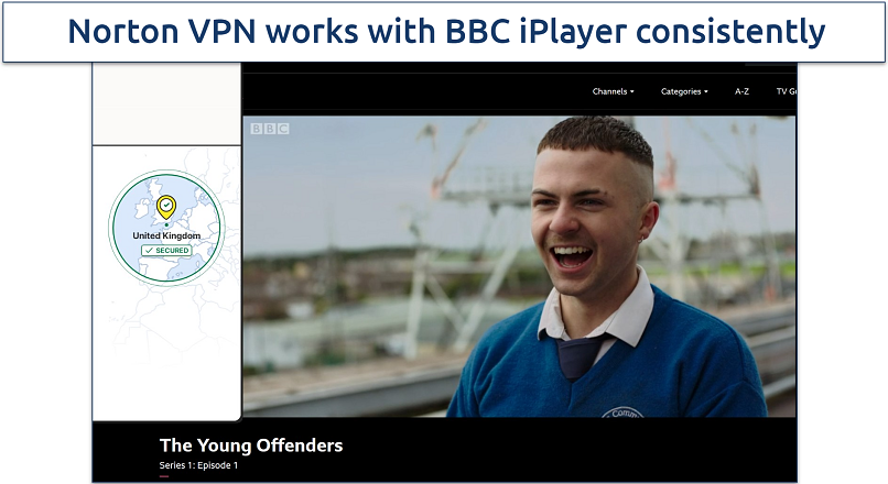 Screenshot of BBC iPlayer streaming The Young Offenders while connected to Norton VPN's UK servers 