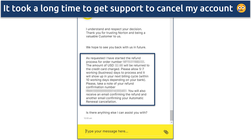 Screenshot of a live chat with Norton VPN's support staff where they approved my cancellation 