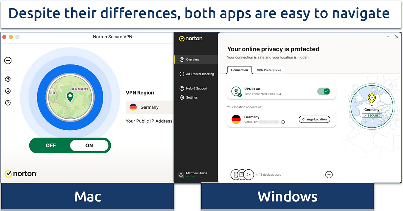 Screenshot of Norton Secure VPN's Mac and Windows app side-by-side 