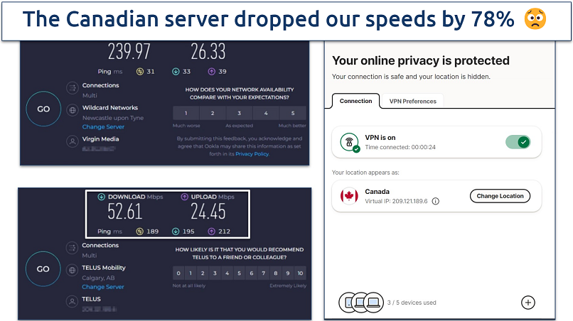 Screenshot of Ookla speed tests done with no VPN connected and while connected to Norton VPN's Canada server