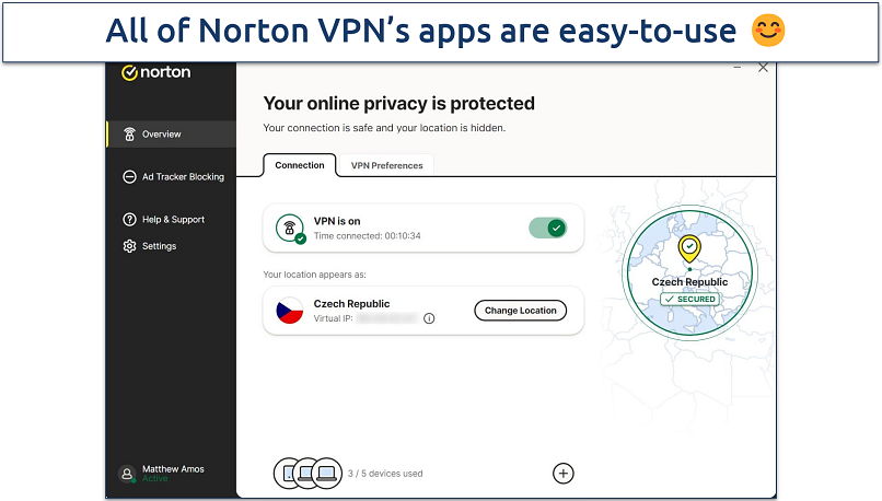 Screenshot of Norton VPN's Window's app's UI highlighting the main screen where the settings can be accessed 