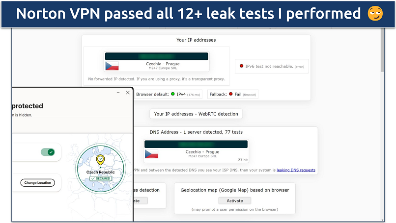 Screenshot of a leak test performed on ipleak.net while connected to Norton VPN's Czech Republic server 