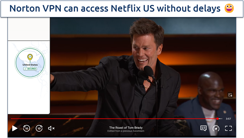 Screenshot of Netflix player streaming The Roast of Tom Brady while connected to Norton VPN's US server