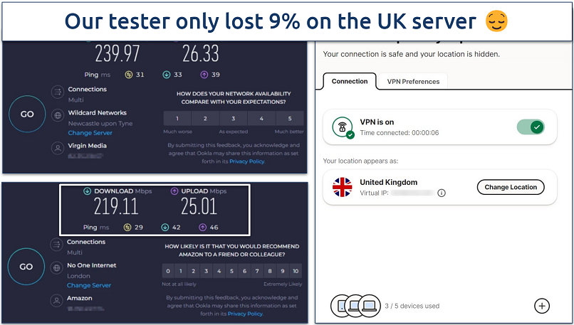 Screenshot of Ookla speed tests done with no VPN and while connected to Norton's UK server 