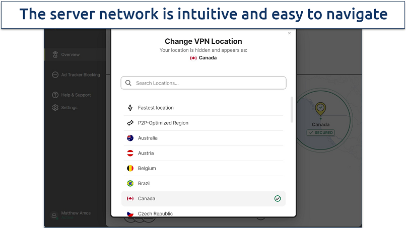 Screenshot of Norton VPN's Windows App highlighting the Server Network 