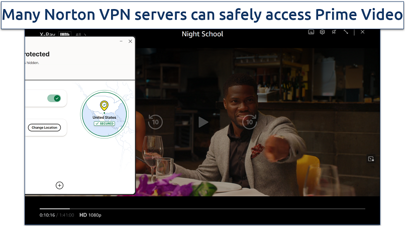 Screenshot of Amazon Prime Video player streaming Night School while connected to Norton VPN's US server