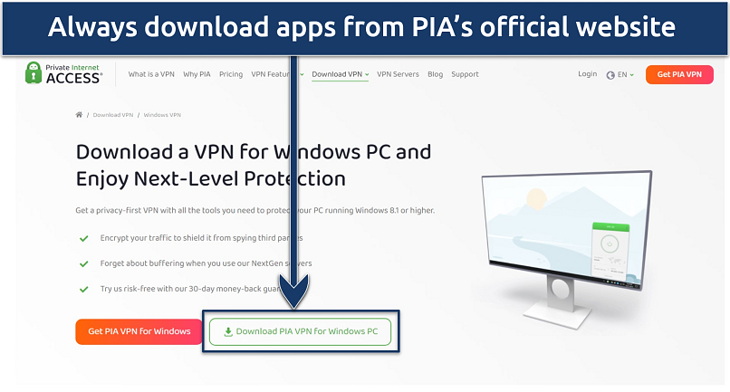 Screenshot showing PIA's download page