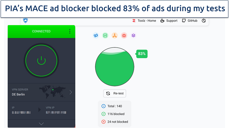 Screenshot of PIA MACE feature blocking ads test results