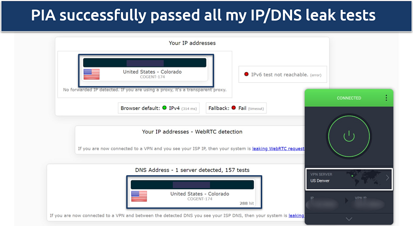 Screenshot of PIA leak test results proving IP and DNS leak protection