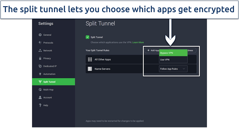 Screenshot of PIA app showing the split tunnel feature