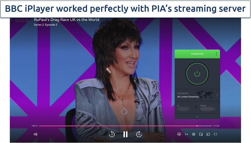 Screenshot of PIA streaming BBC iPlayer with London streaming server