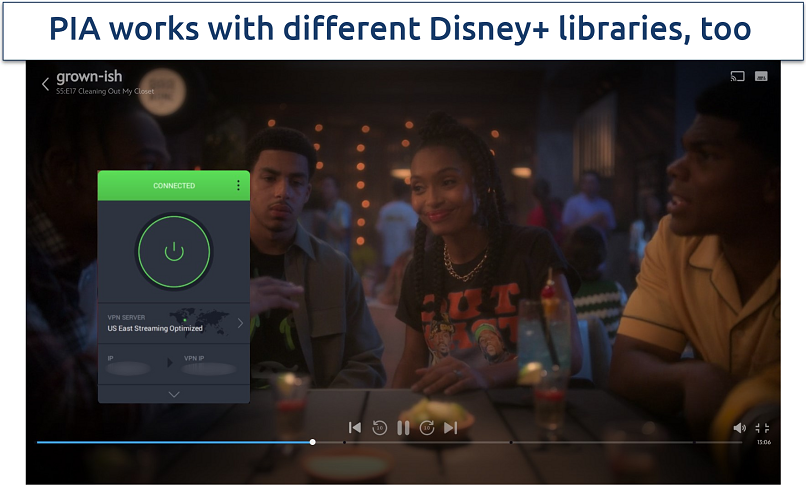 Screenshot of PIA streaming US Disney+ with US East Streaming server