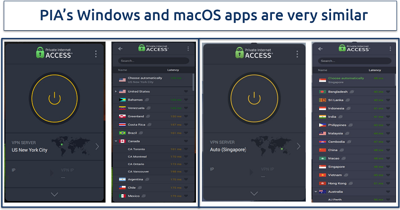 Screenshots showing PIA Windows and macOS app side by side