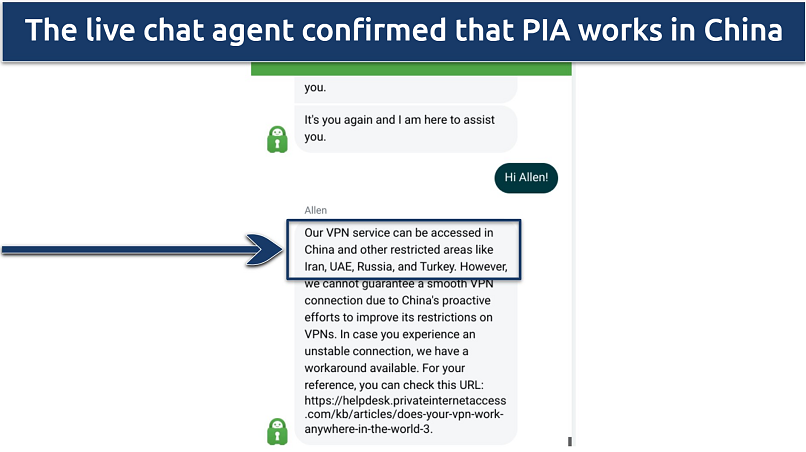 Screenshot of conversation with PIA customer support agent confirming that it works in China
