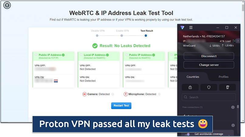Screenshot of a WebRTC & IP address leak test while connected to a free Proton VPN server