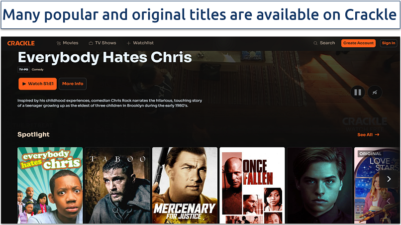 Screenshot of the Sony Crackle streaming site