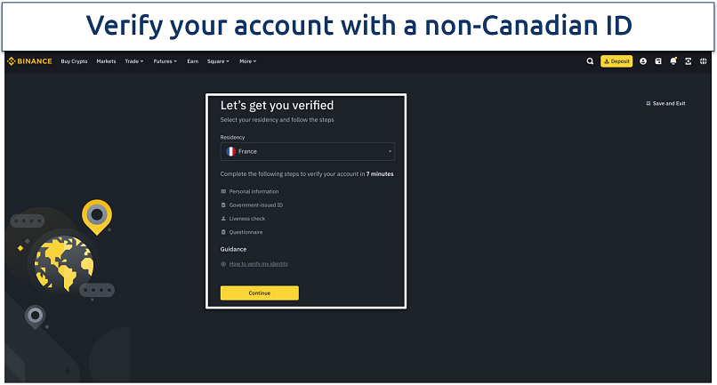 Screenshot of Binance's account verification page