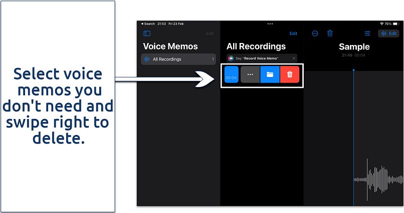 Screenshot of Voice Memos deletion on iPhone