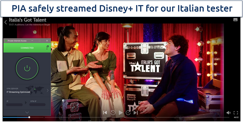 Screenshot of Italia's got talent on Disney+ IT, with PIA connected to an Italian streaming server