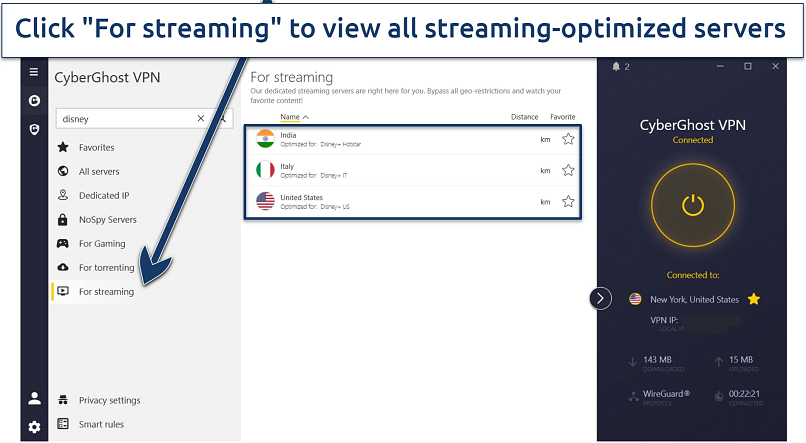 A screenshot of CyberGhost's Windows app showing its 3 Disney+ streaming-optimized servers