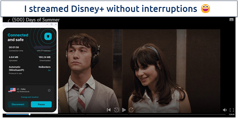 Screenshot of 500 days of summer on Disney+, with Surfshark connected to a Multihop US-Netherlands server