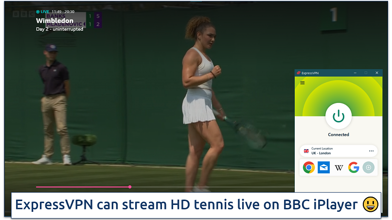 Streaming Wimbledon on BBC iPlayer with ExpressVPN connected to London, UK