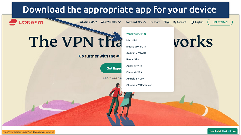 Screenshot of ExpressVPN's website homepage with download links for different devices