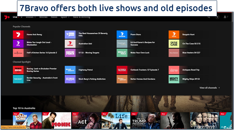 Screenshot of 7Bravo Live category on its homepage