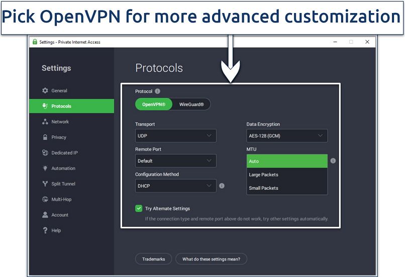 Screenshot of the PIA app showing available connection settings under the OpenVPN protocol