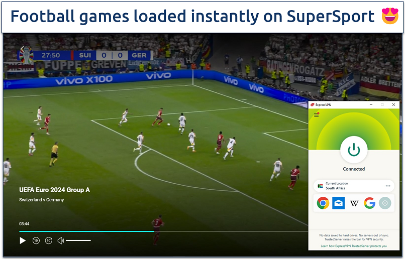 Screenshot showing a football match playing on SuperSport with ExpressVPN connected to a South Africa server