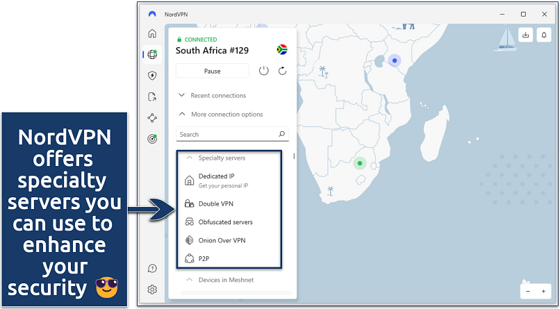 Screenshot of the NordVPN interface showing its security-oriented specialty servers