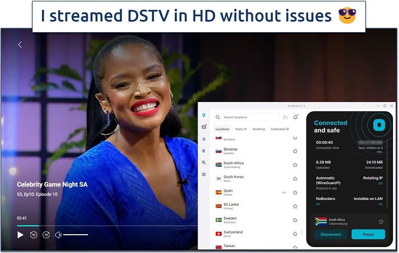 Screenshot of a show playing on DSTV with Surfshark connected to a South Africa server