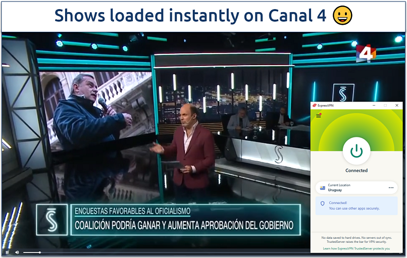 Screenshot showing a TV show playing on Canal 4 with ExpressVPN connected to a Uruguay server